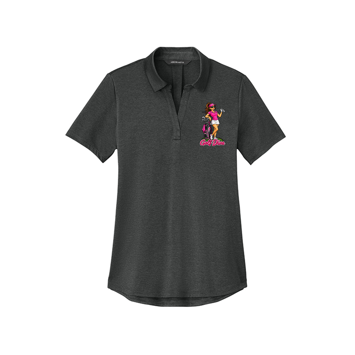 Pink Golf Diva women's performance golf polo featuring the signature Golf Diva front graphic.